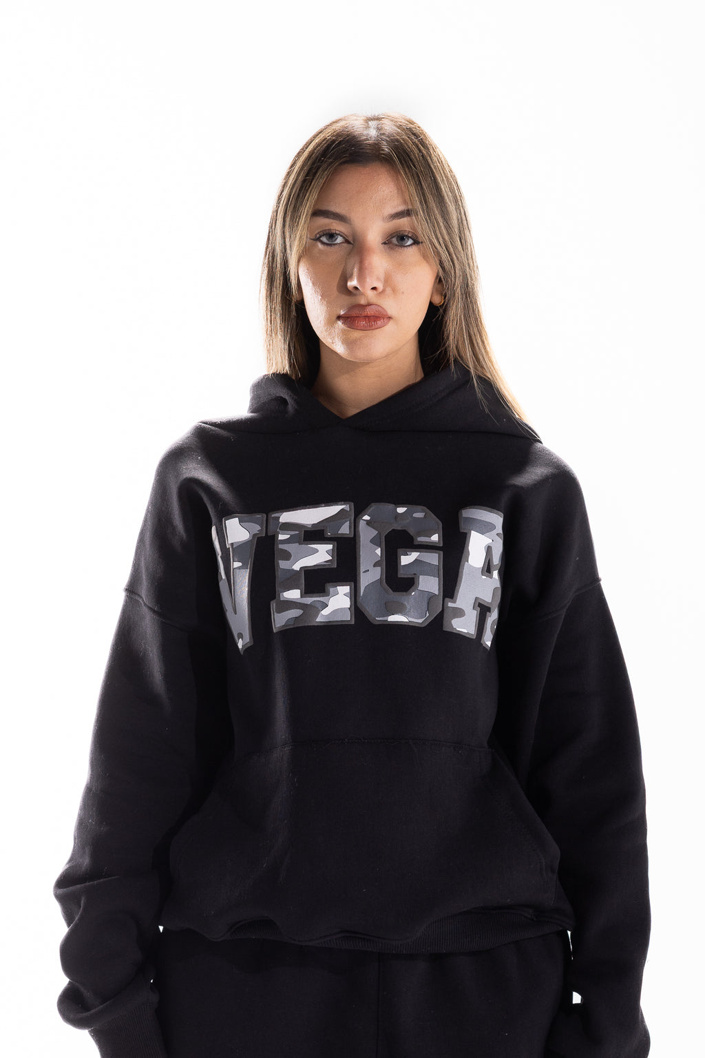 BLACK VARSITY CAMO HOODIE