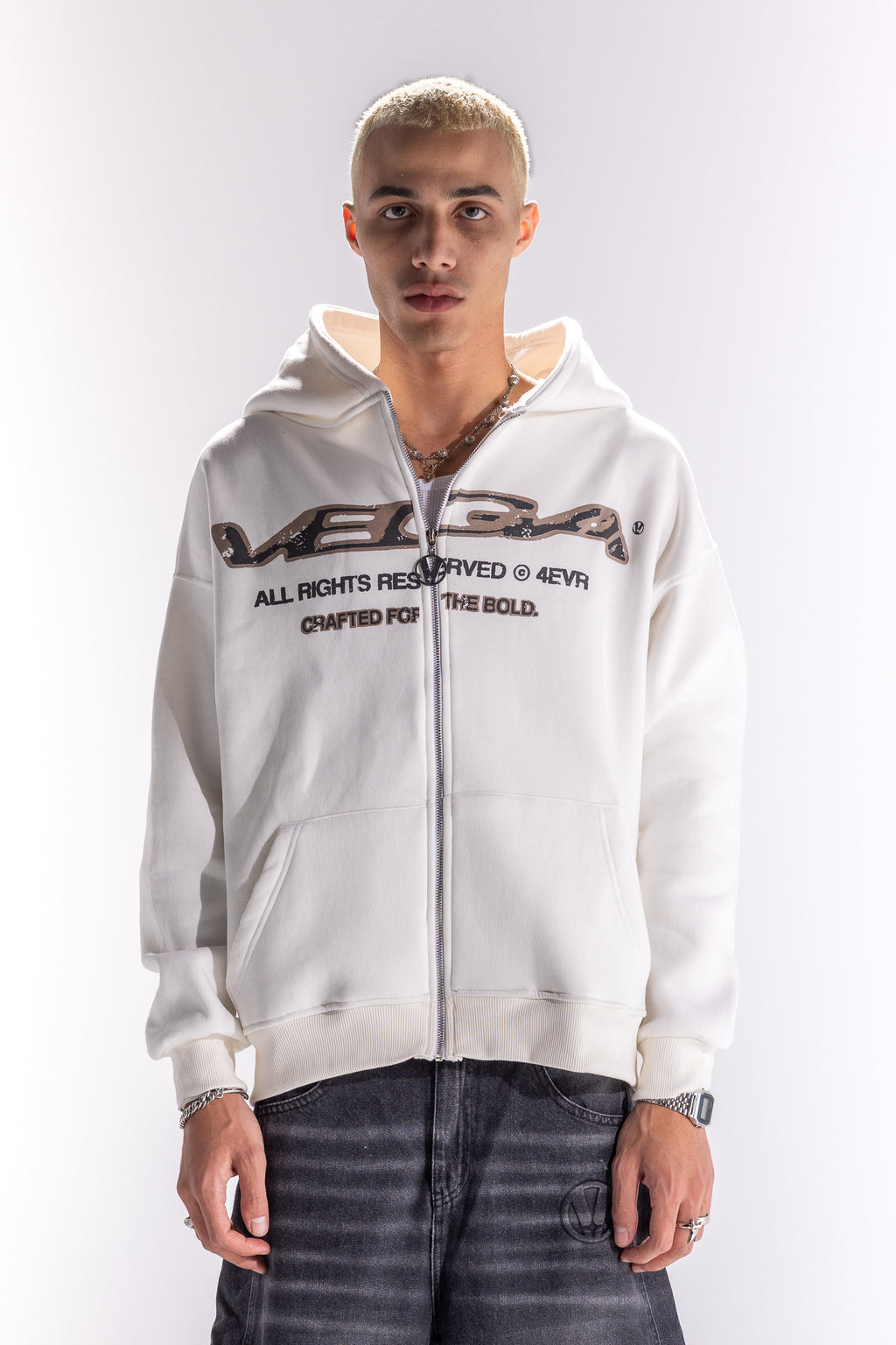 WHITE TRI-TEXT ZIP UP