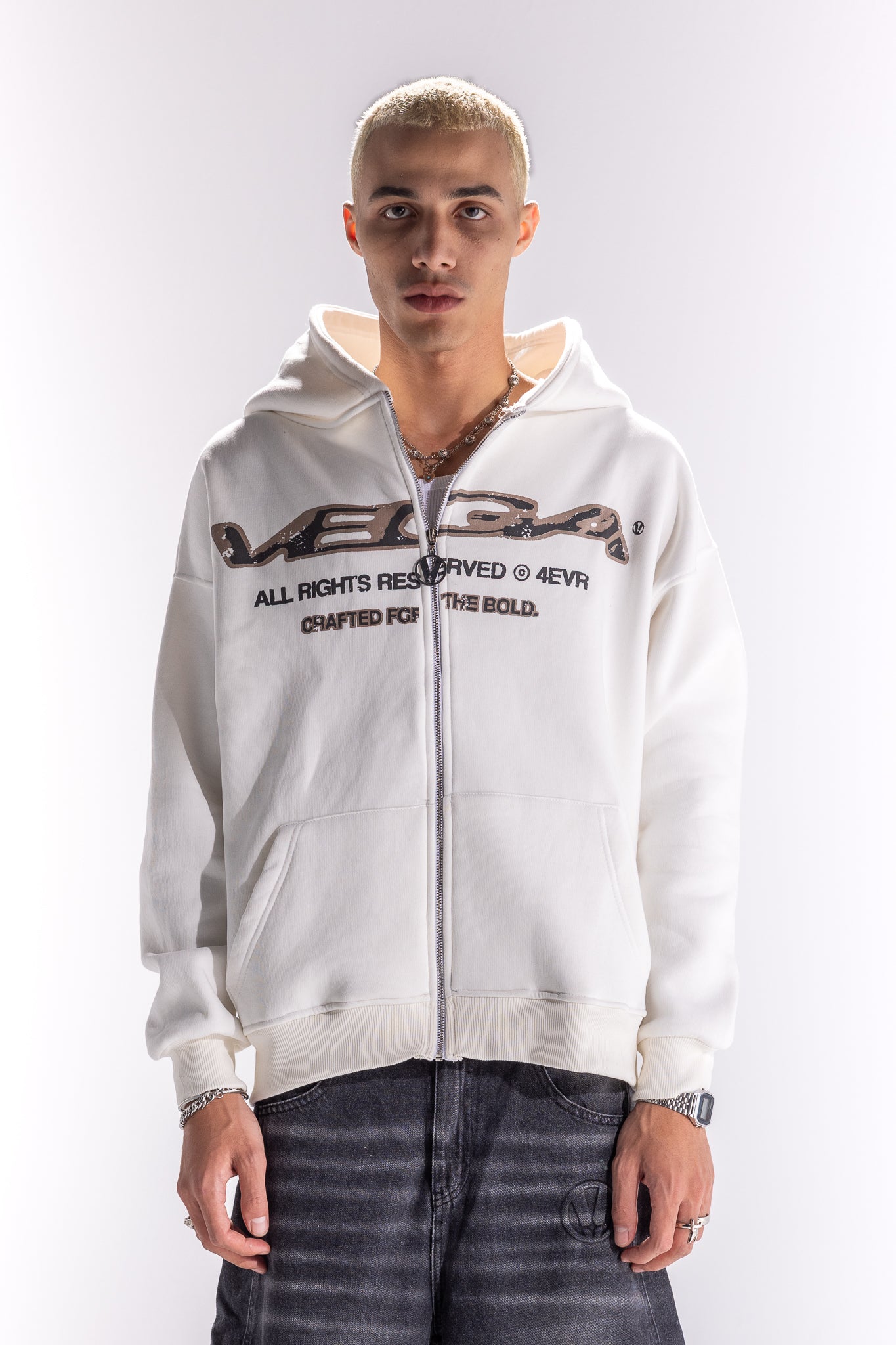 WHITE TRI-TEXT ZIP UP