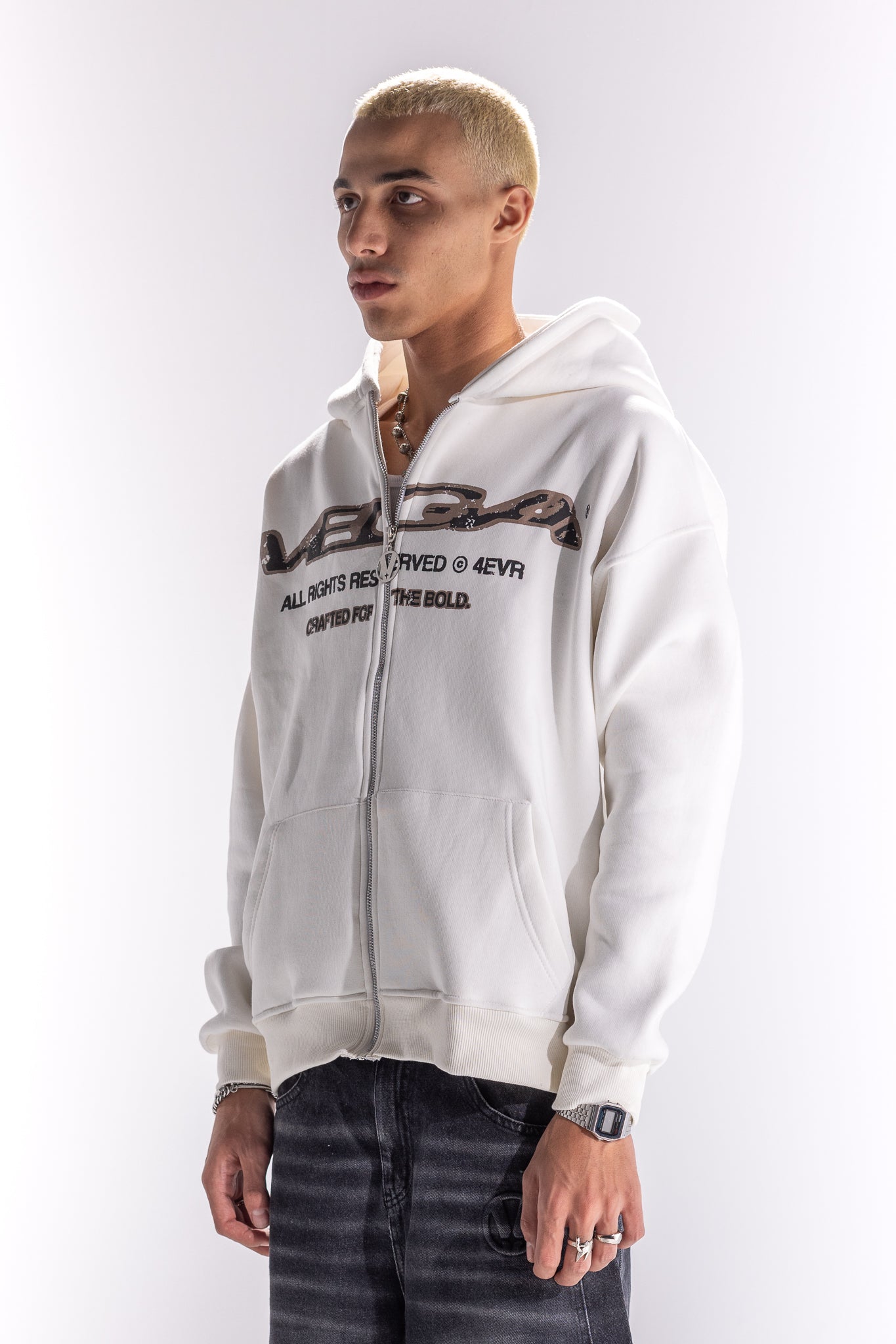 WHITE TRI-TEXT ZIP UP